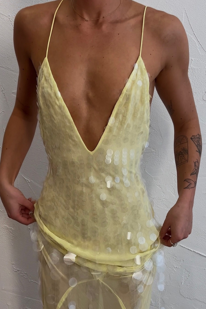Rebecca | Women’s sequin maxi dress with deep v-neckline and sleeveless cut