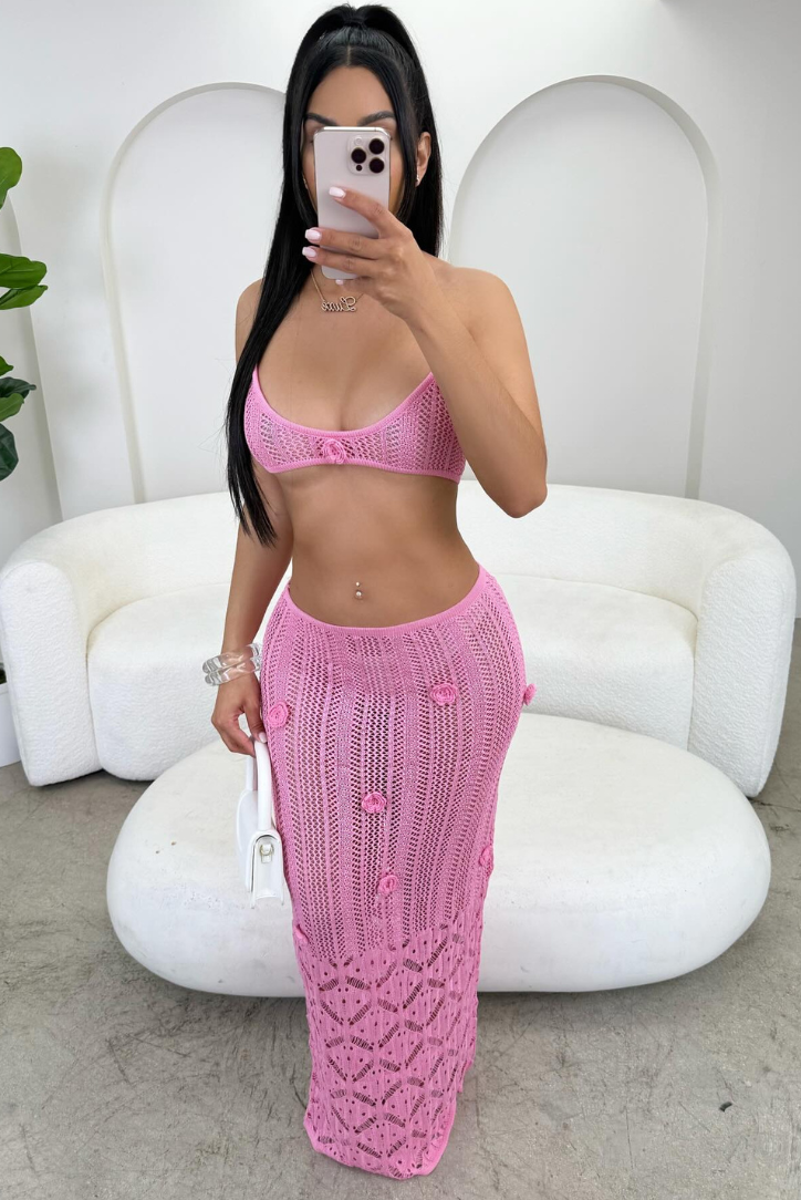 Coleen | Women’s crochet maxi skirt set with floral accents
