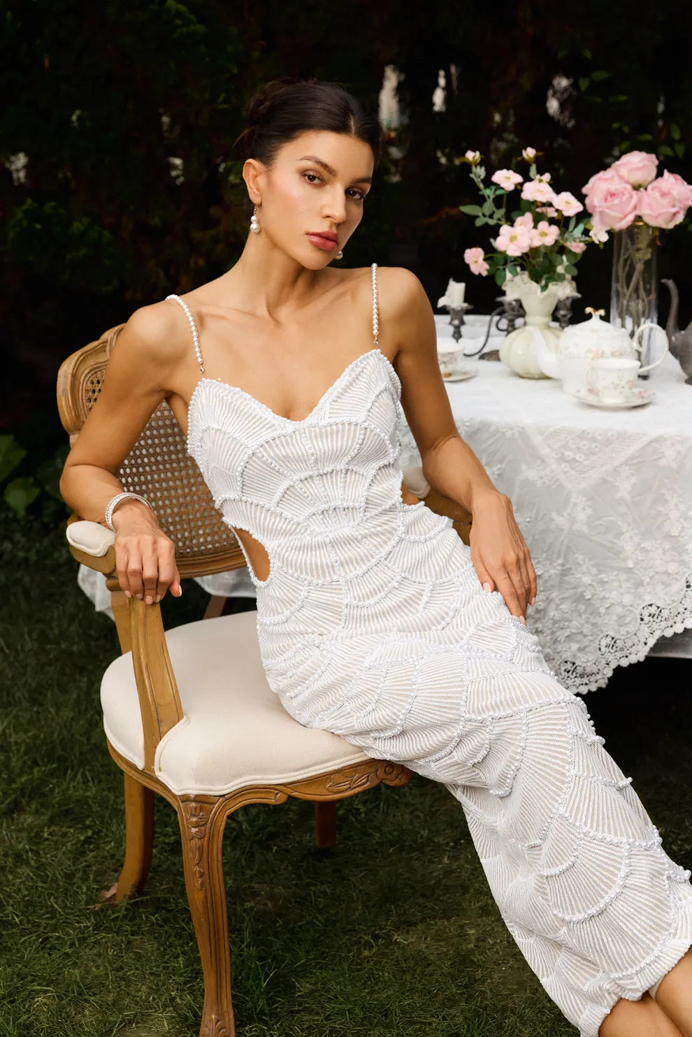 Ryleigh | Women’s midi dress with pearl sequin detail and waist cut-out