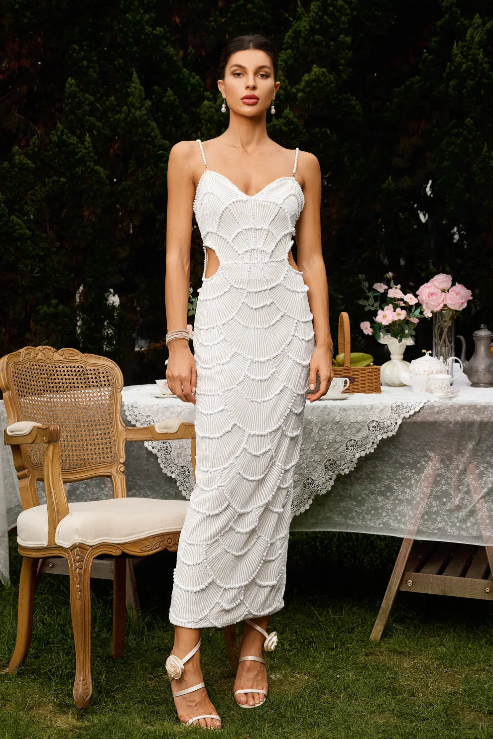 Ryleigh | Women’s midi dress with pearl sequin detail and waist cut-out