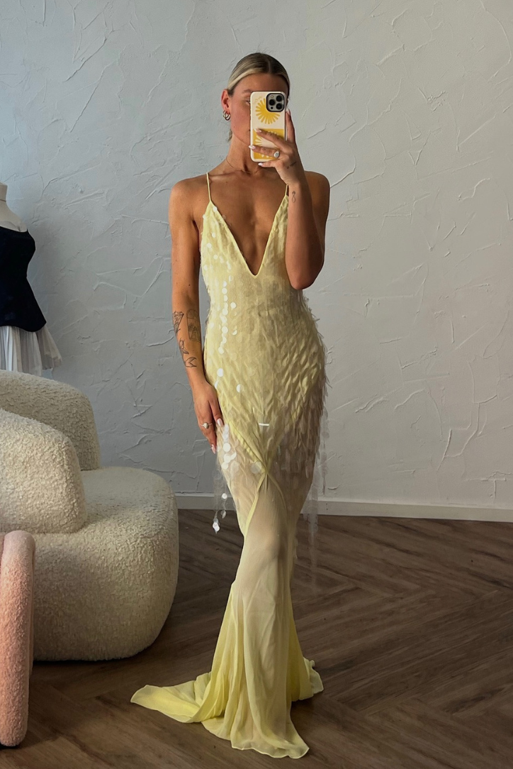 Rebecca | Women’s sequin maxi dress with deep v-neckline and sleeveless cut