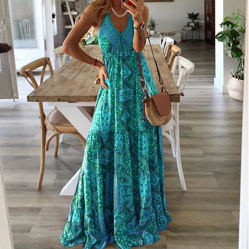 Pamela | Women’s summer maxi dress with thin straps and boho-inspired print
