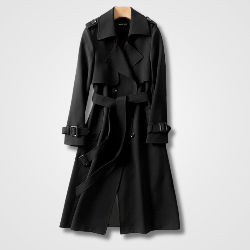 Aurelle | Long belted trench coat with layered front
