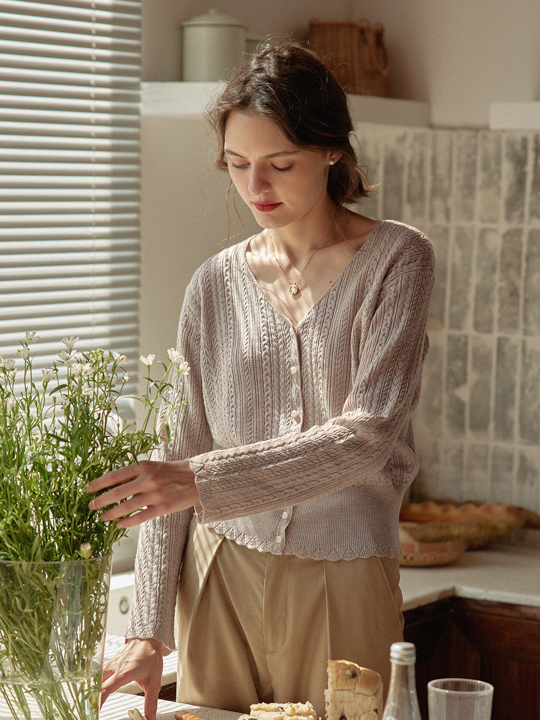 Milena | Women’s sweater with cable knit and glazed button detail