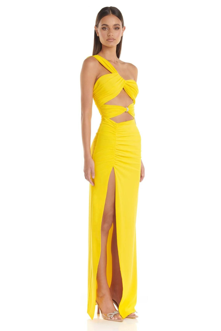 Lexi | Women’s one-shoulder maxi dress with thigh-high slit and crystal detail