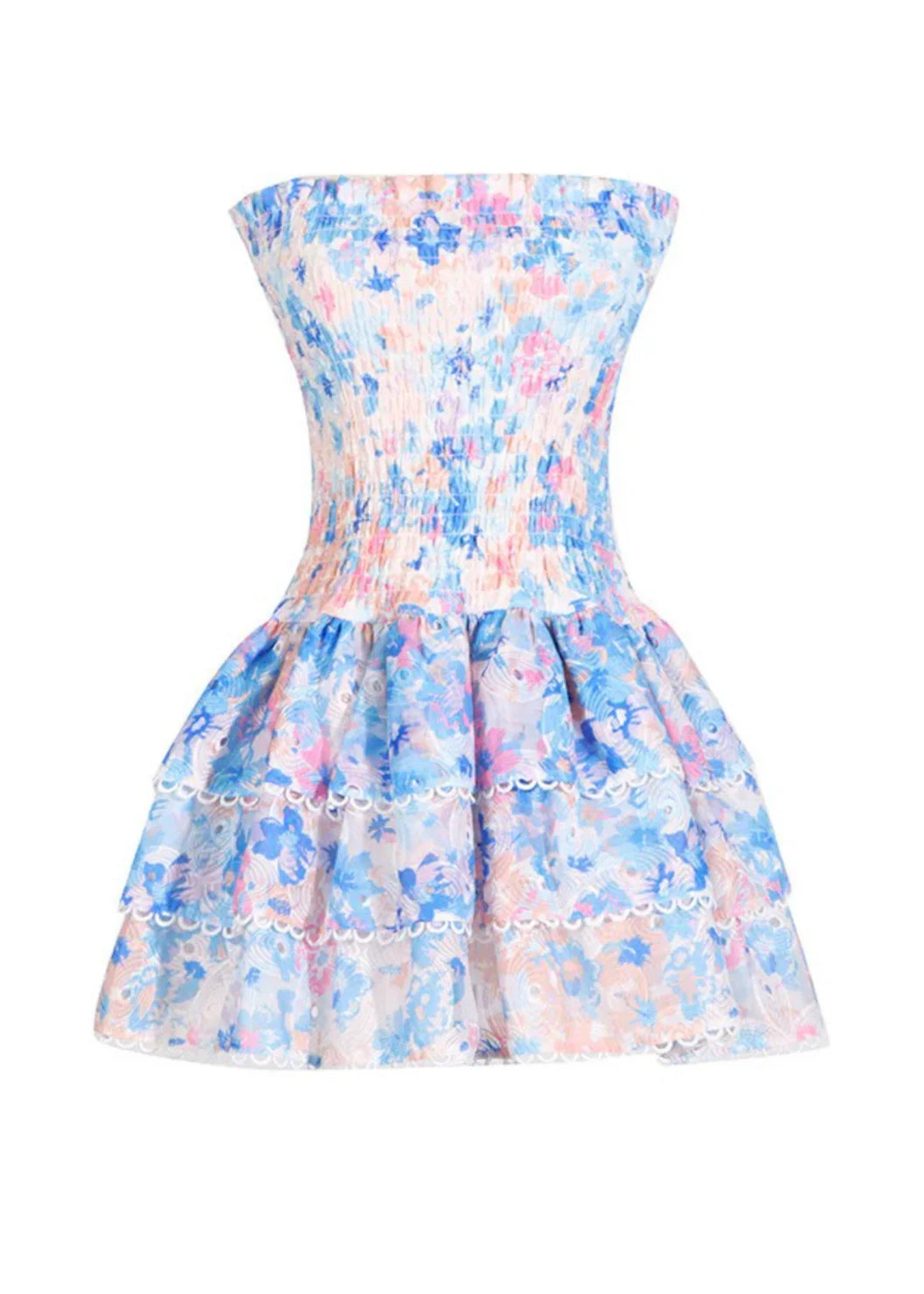 Kaye | Women’s strapless floral dress with shirred bodice and flowing silhouette