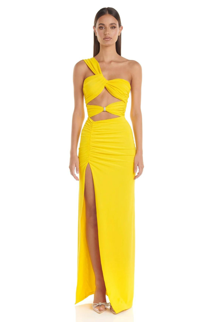 Lexi | Women’s one-shoulder maxi dress with thigh-high slit and crystal detail