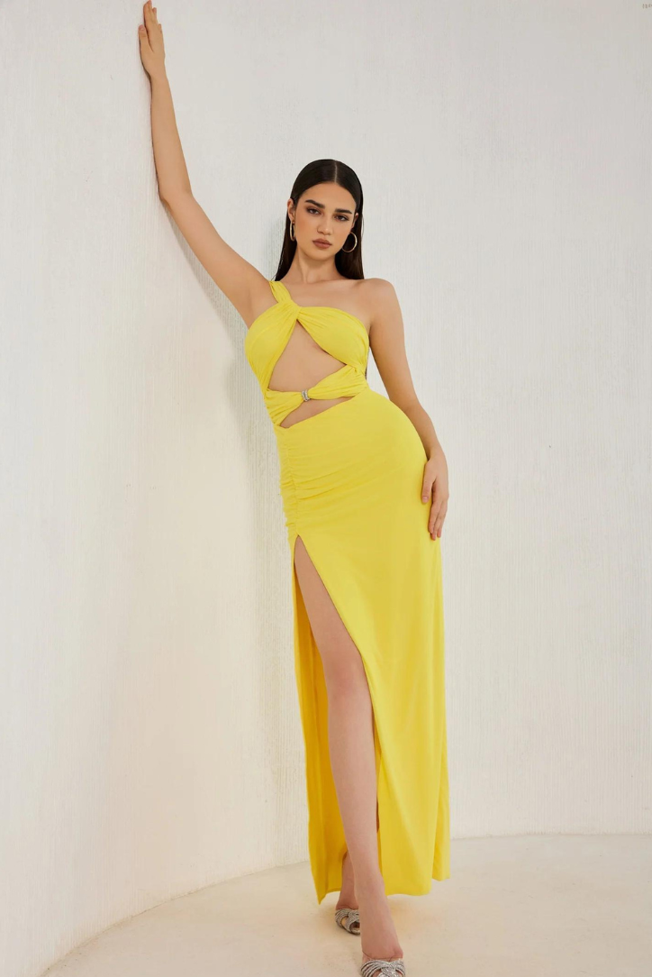 Lexi | Women’s one-shoulder maxi dress with thigh-high slit and crystal detail