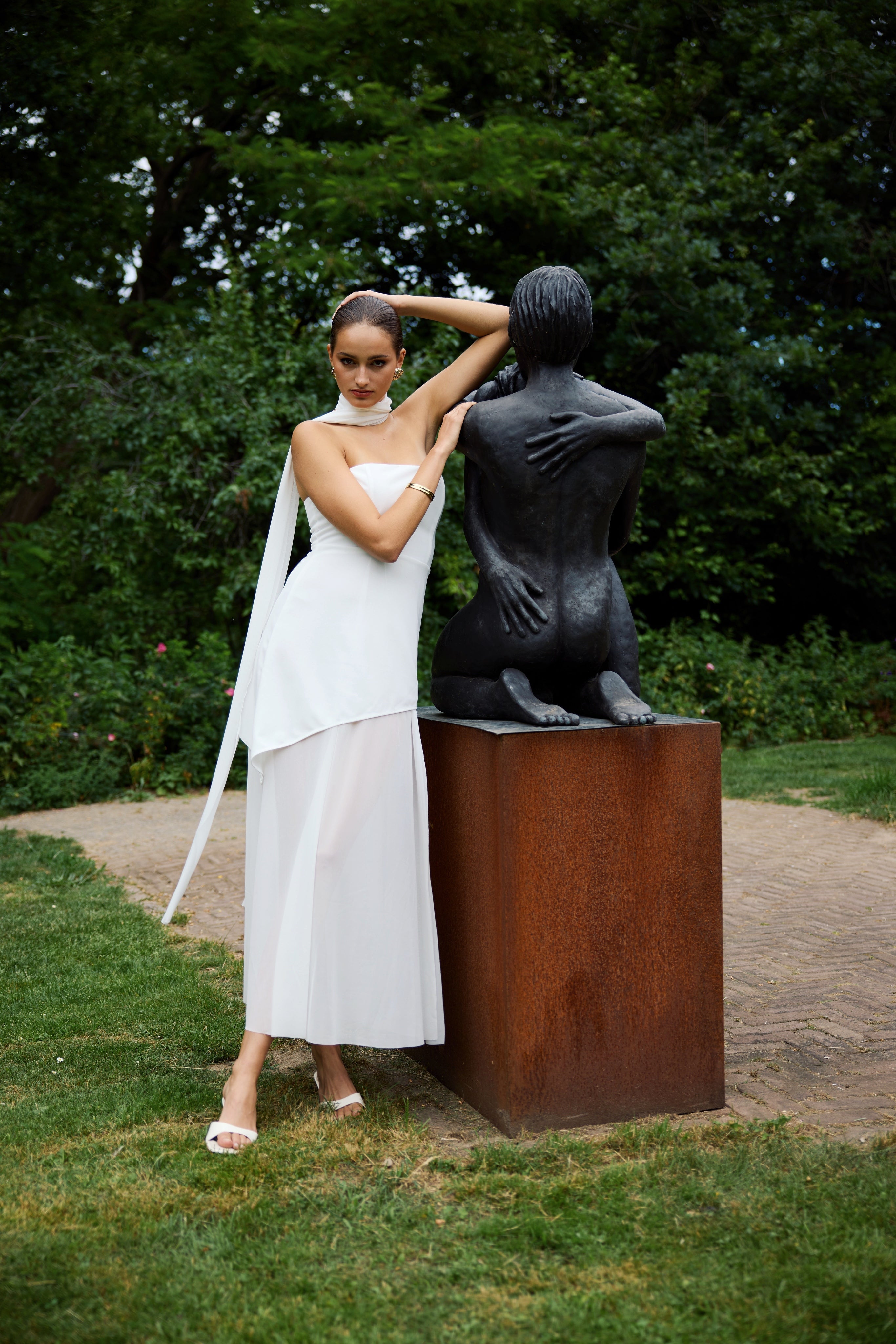 Vine | Women’s strapless maxi dress with asymmetrical overlay and sheer skirt