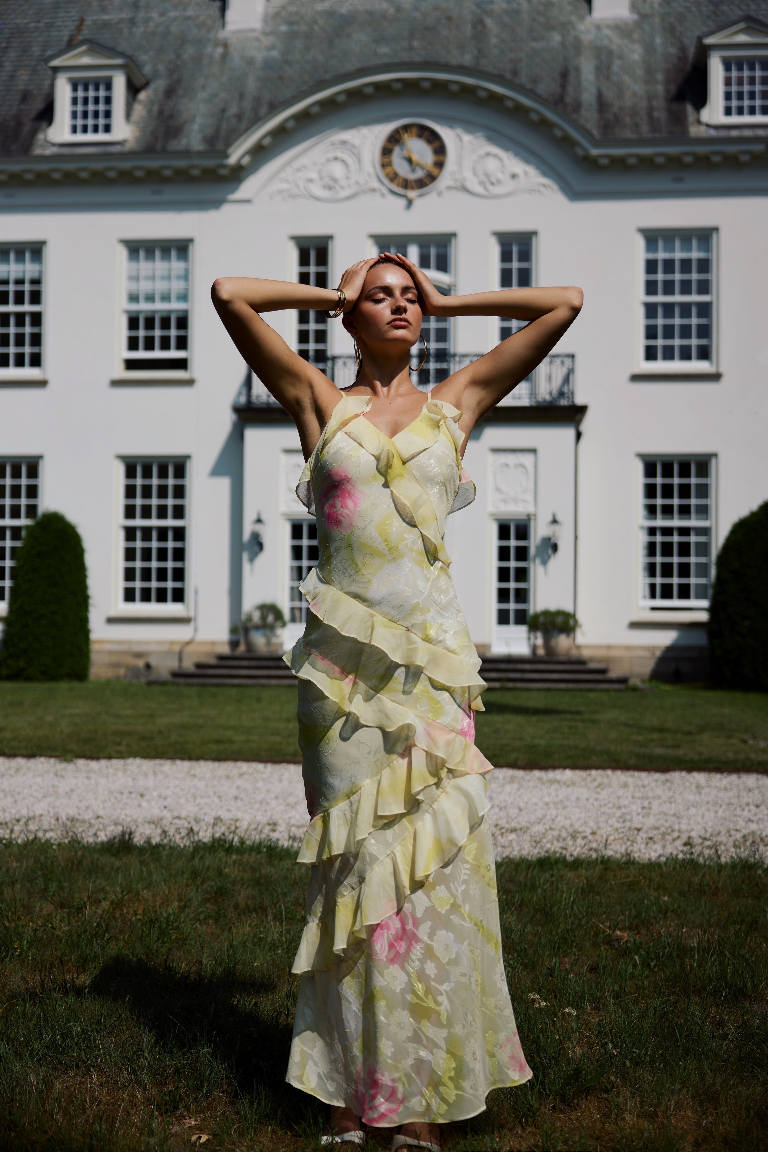 Hallie | Women’s sleeveless ruffle maxi dress with cascading detail and flattering silhouette