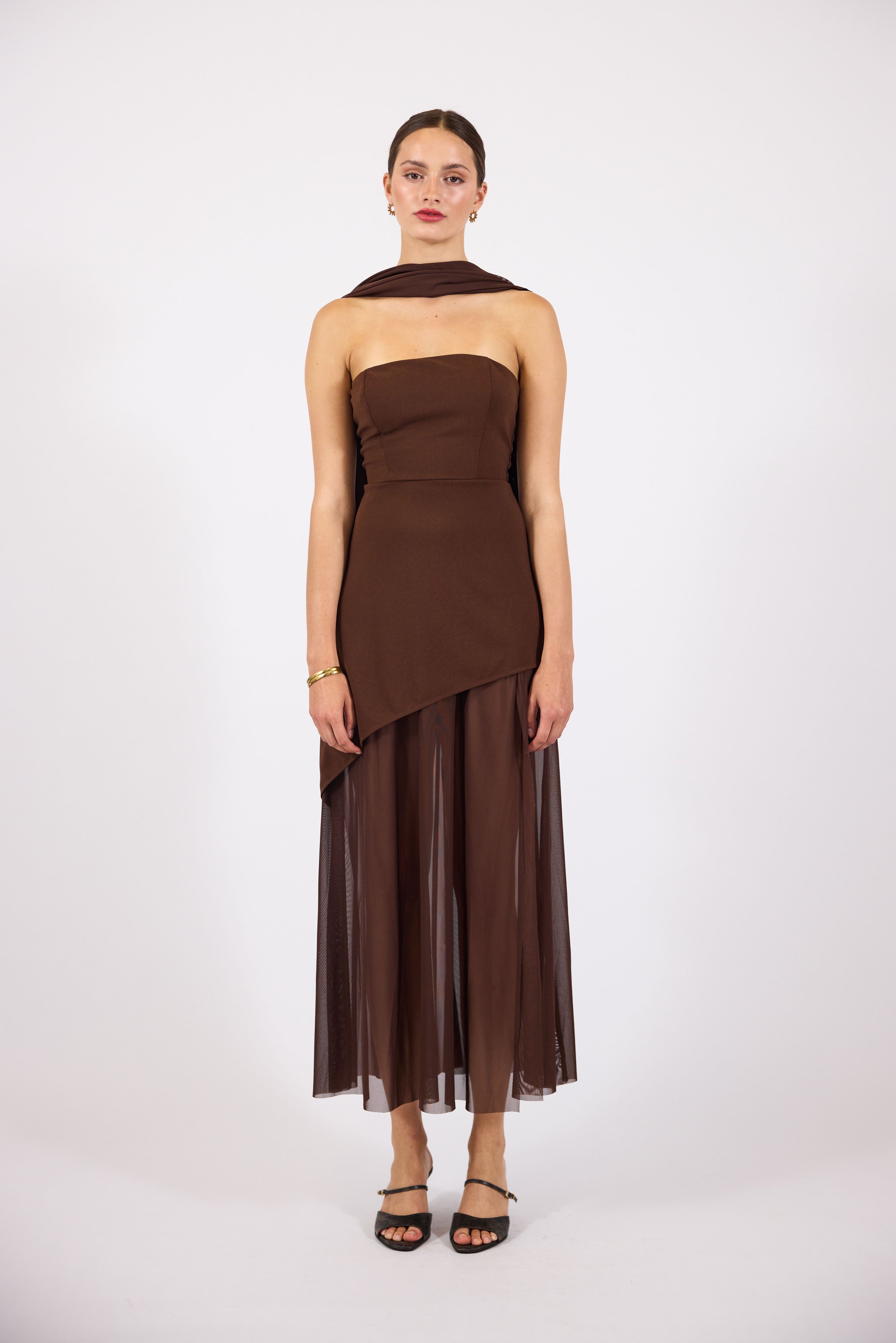 Vine | Women’s strapless maxi dress with asymmetrical overlay and sheer skirt