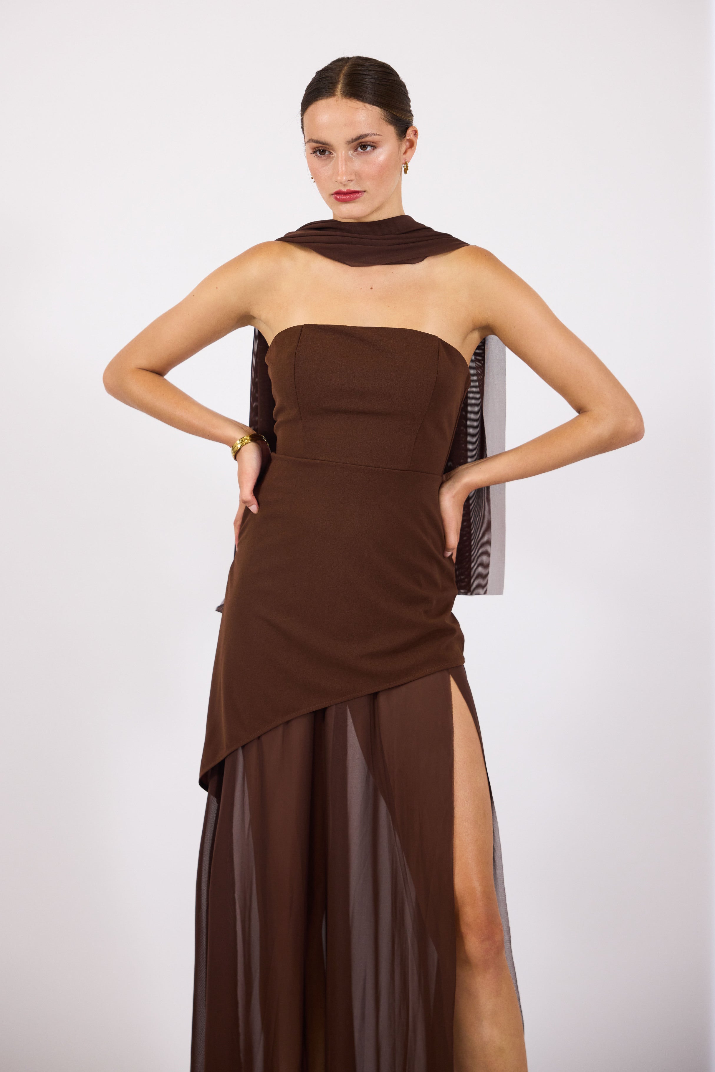 Vine | Women’s strapless maxi dress with asymmetrical overlay and sheer skirt