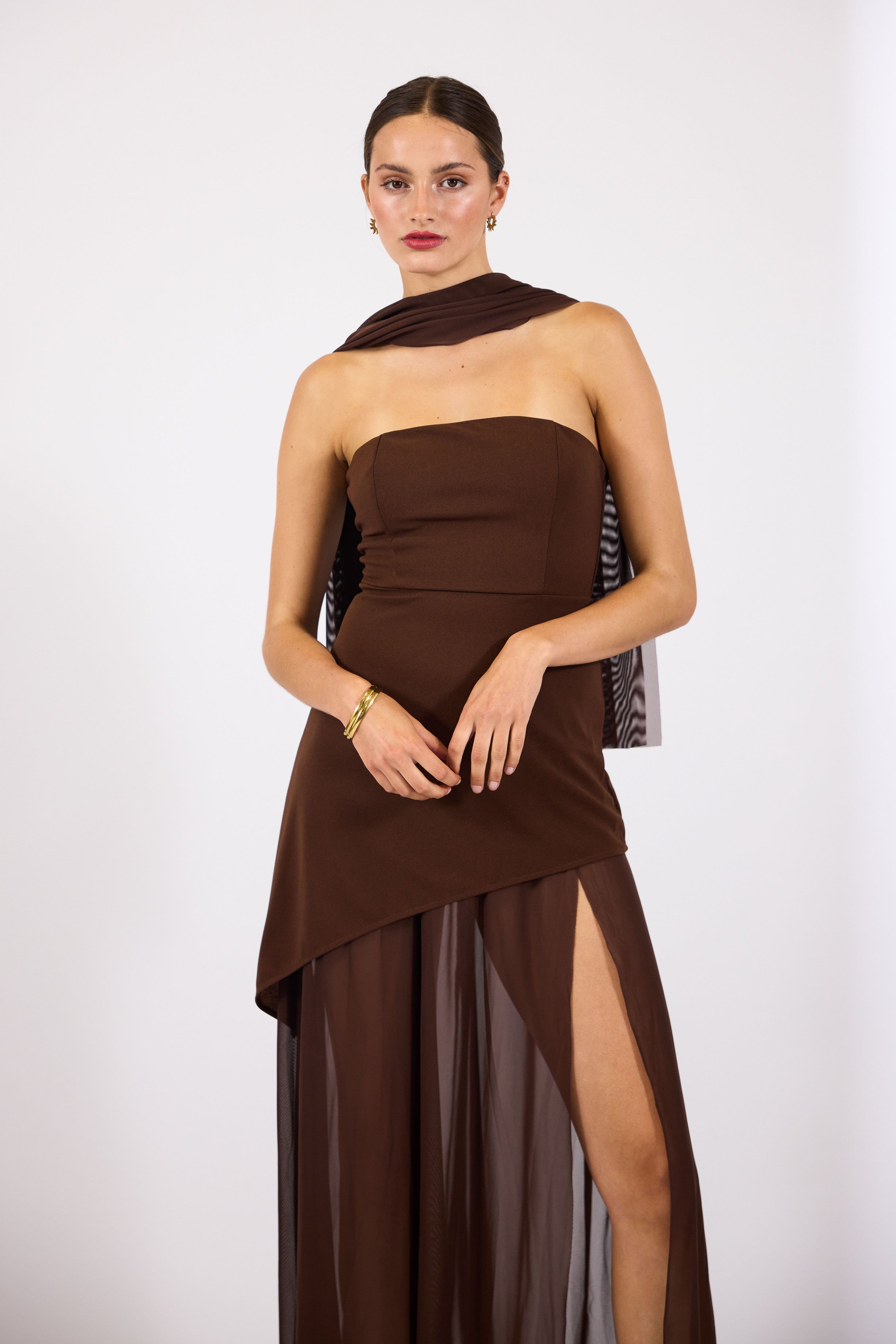 Vine | Women’s strapless maxi dress with asymmetrical overlay and sheer skirt