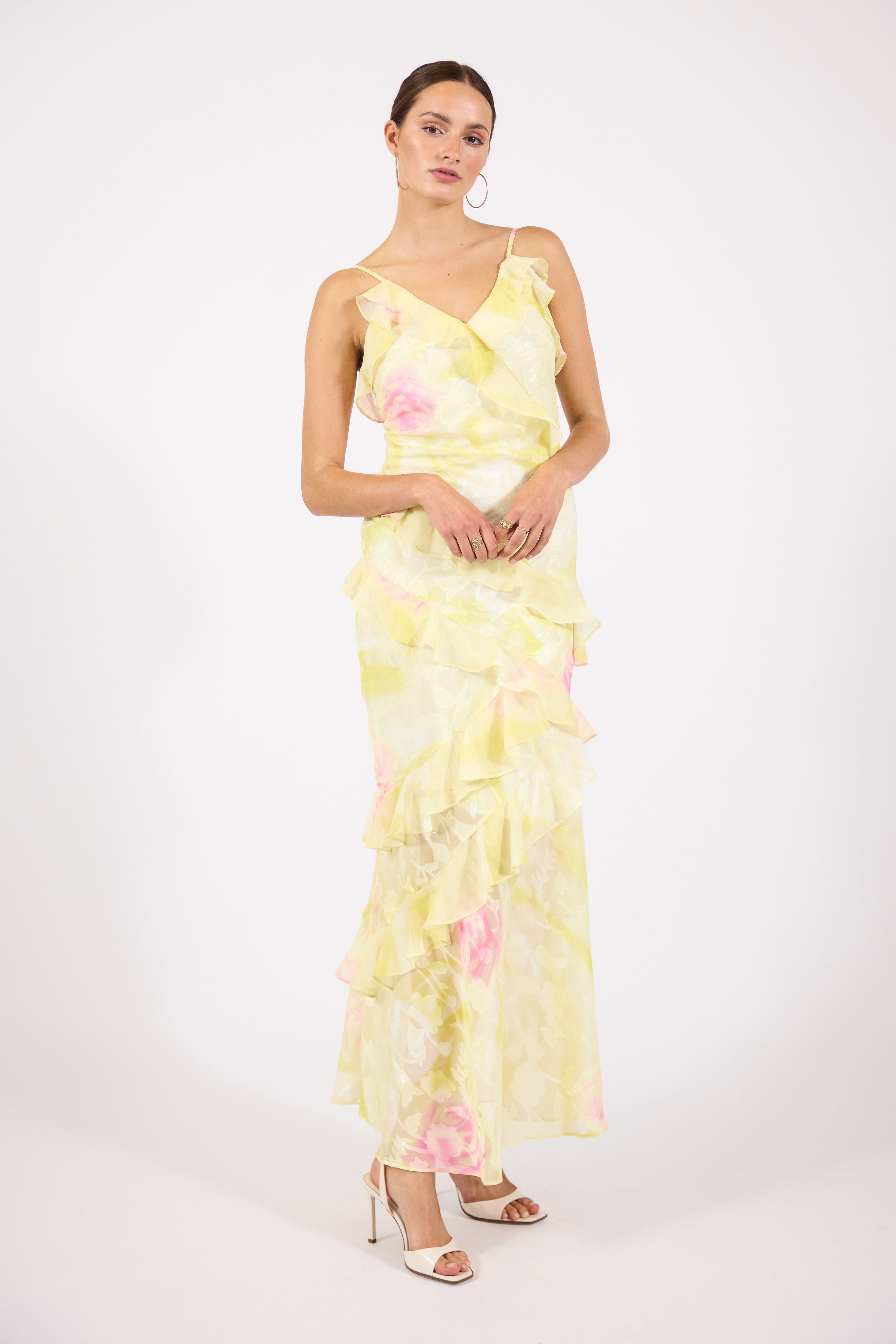 Hallie | Women’s sleeveless ruffle maxi dress with cascading detail and flattering silhouette