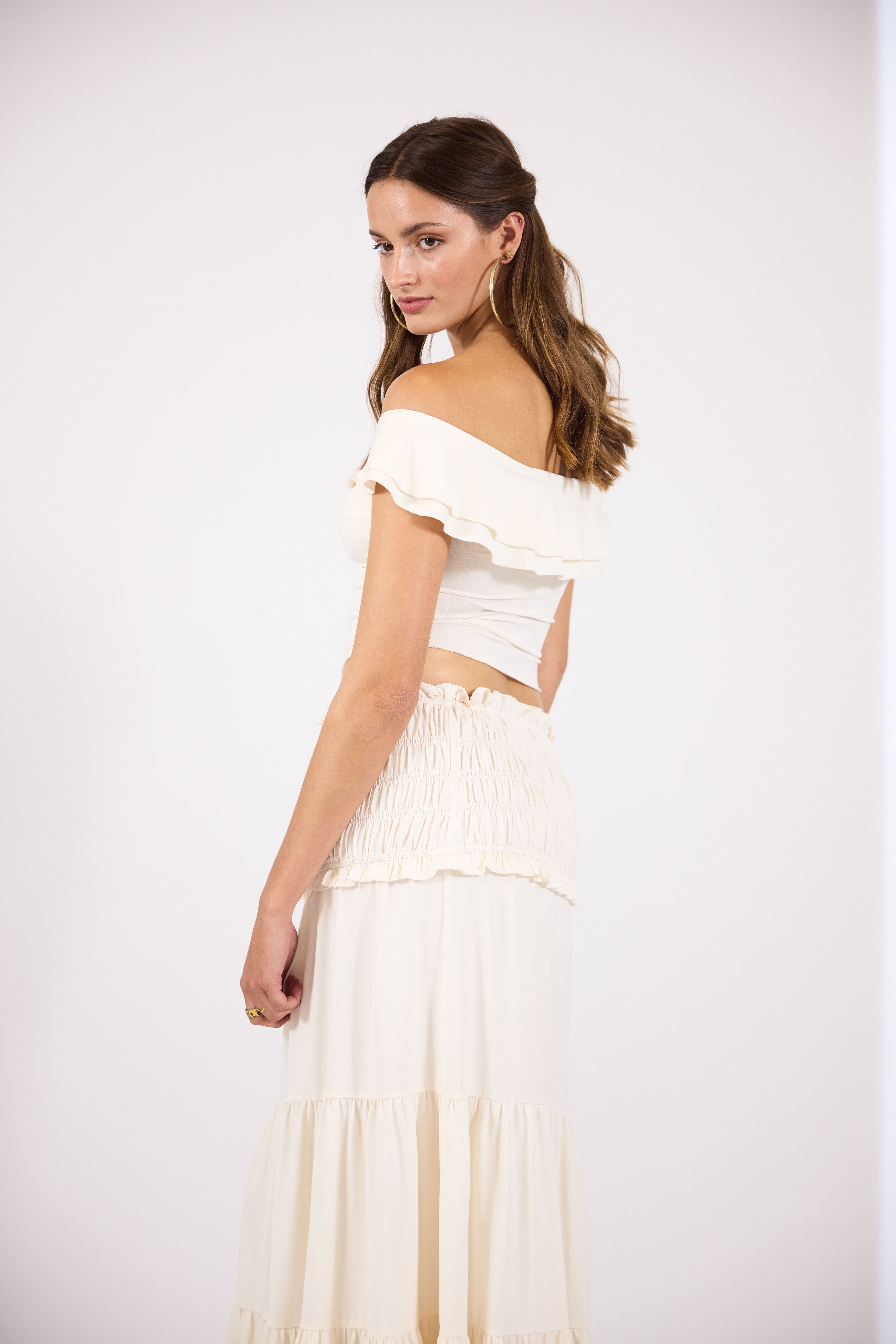 Demi | Women’s off-shoulder crop top and maxi skirt boho set with ruched detail