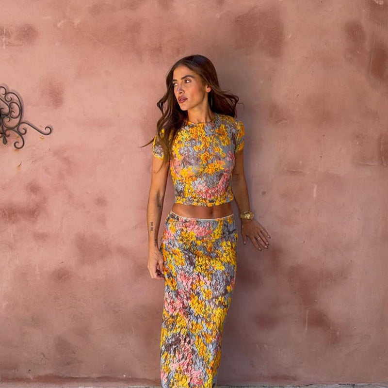 Amara | Women’s floral two piece set with cropped top and skirt