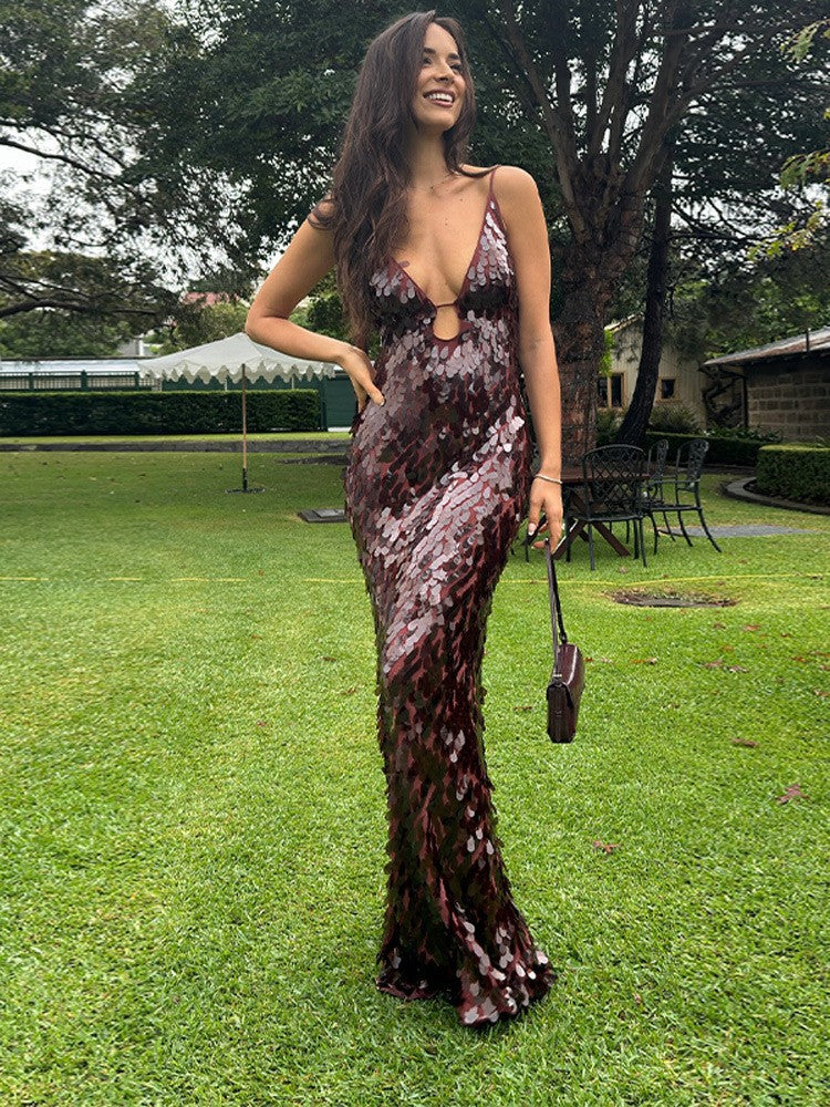 Maya | Women’s sequin maxi dress with mermaid silhouette and v-neckline
