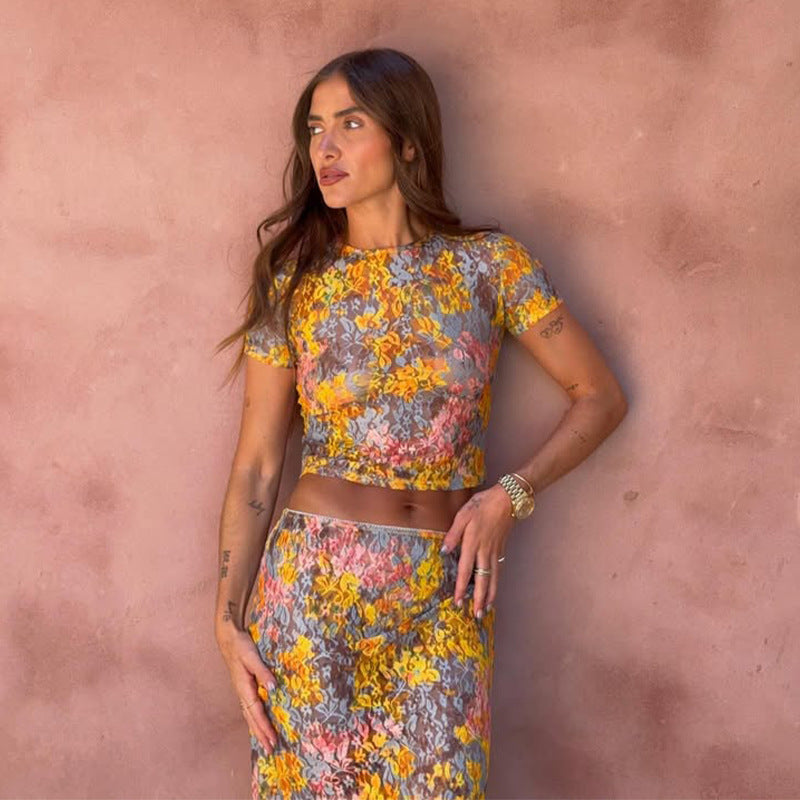 Amara | Women’s floral two piece set with cropped top and skirt