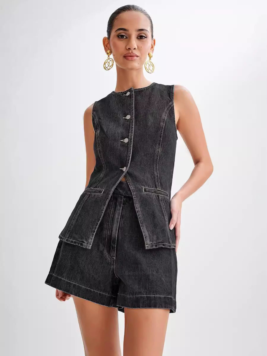 Olivia | Women’s denim set with button-down gilet and shorts