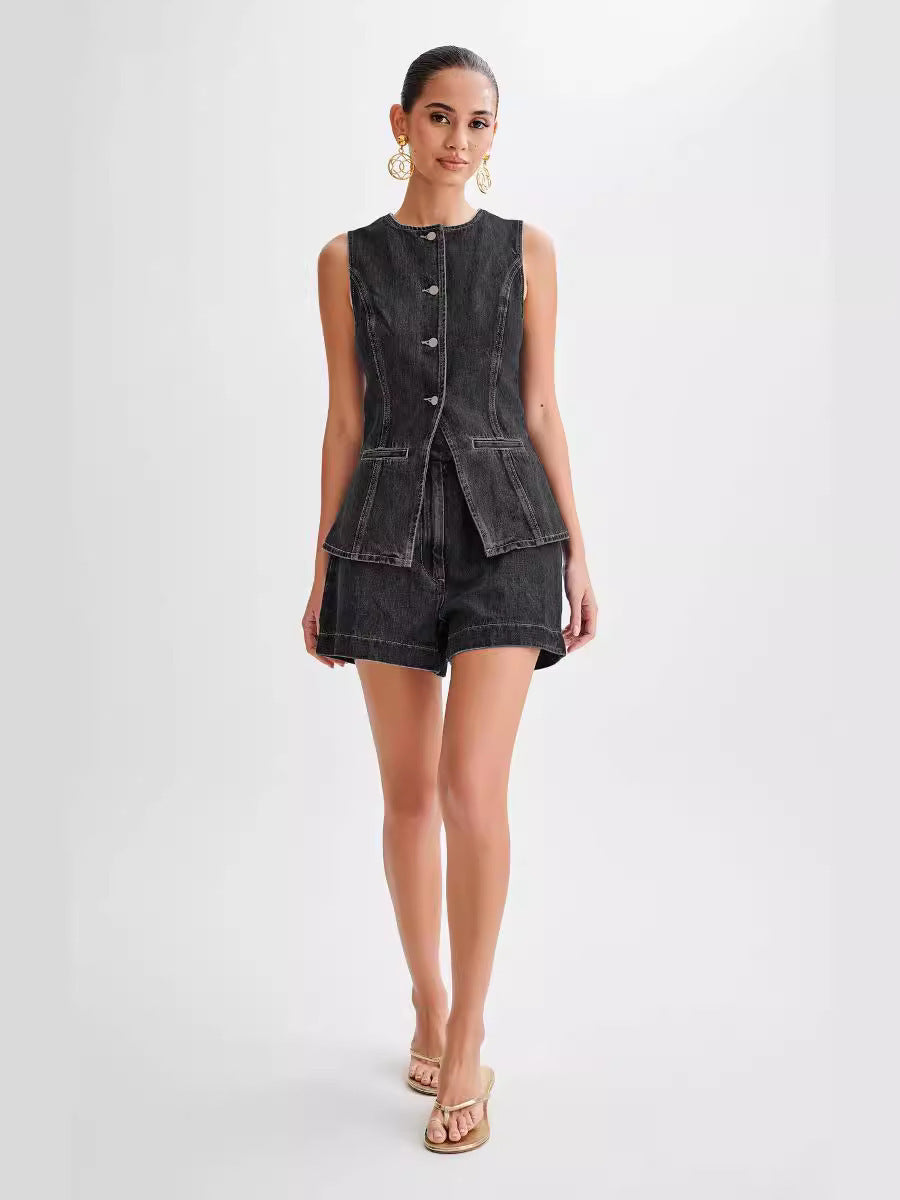 Olivia | Women’s denim set with button-down gilet and shorts