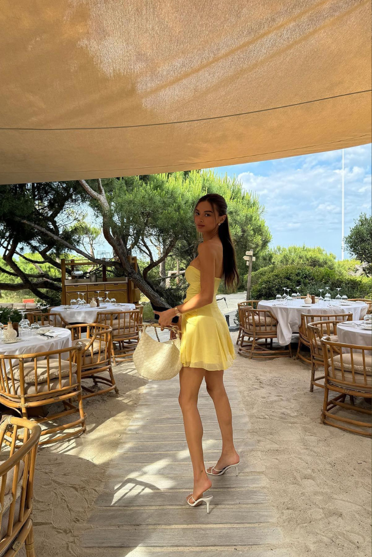 Aria | Women’s strapless mini dress with golden ring accents and irregular hem