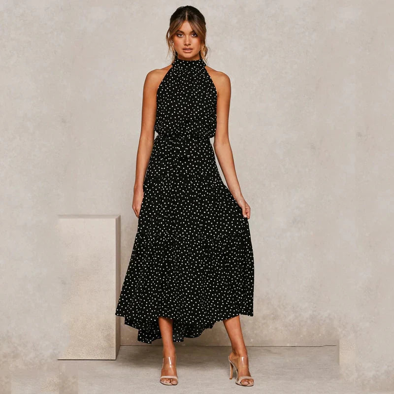 Lea | Women’s polka dot maxi dress with open back and flowing silhouette