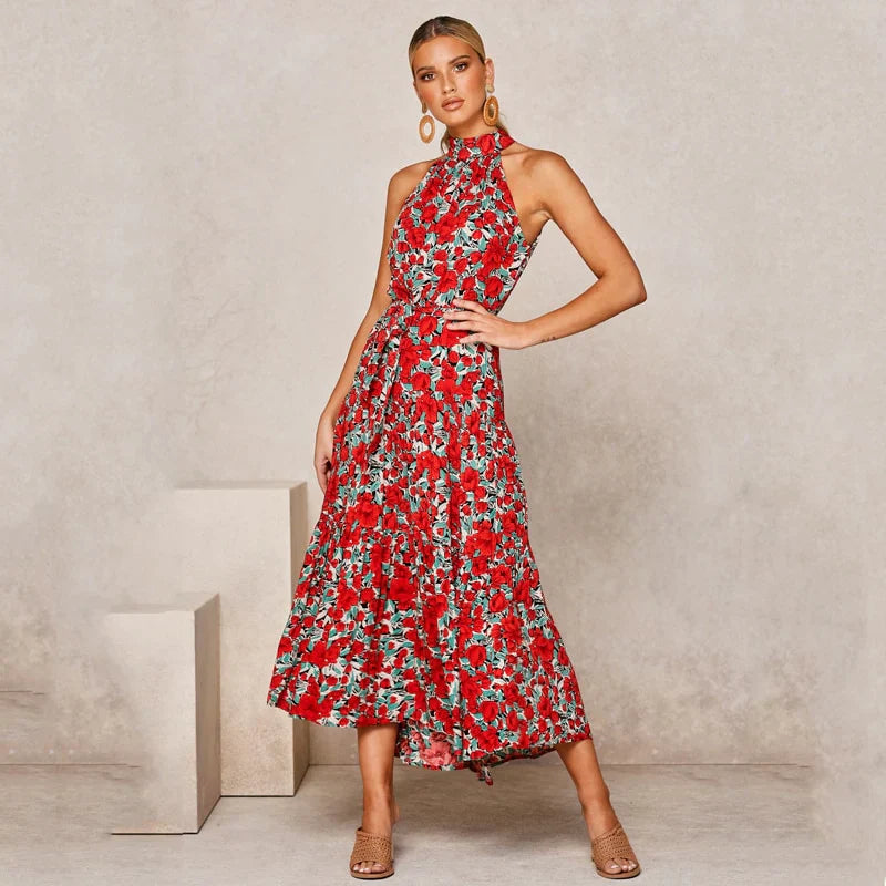 Lea | Women’s polka dot maxi dress with open back and flowing silhouette