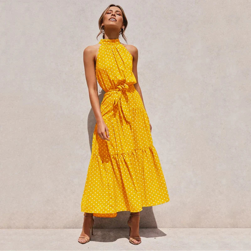 Lea | Women’s polka dot maxi dress with open back and flowing silhouette