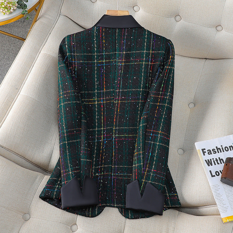 Melissa | Women’s plaid tweed blazer with notched lapels and contrast cuffs