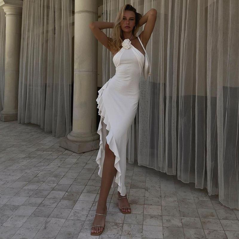 Talia | Women’s halter maxi dress with floral detail and side slit