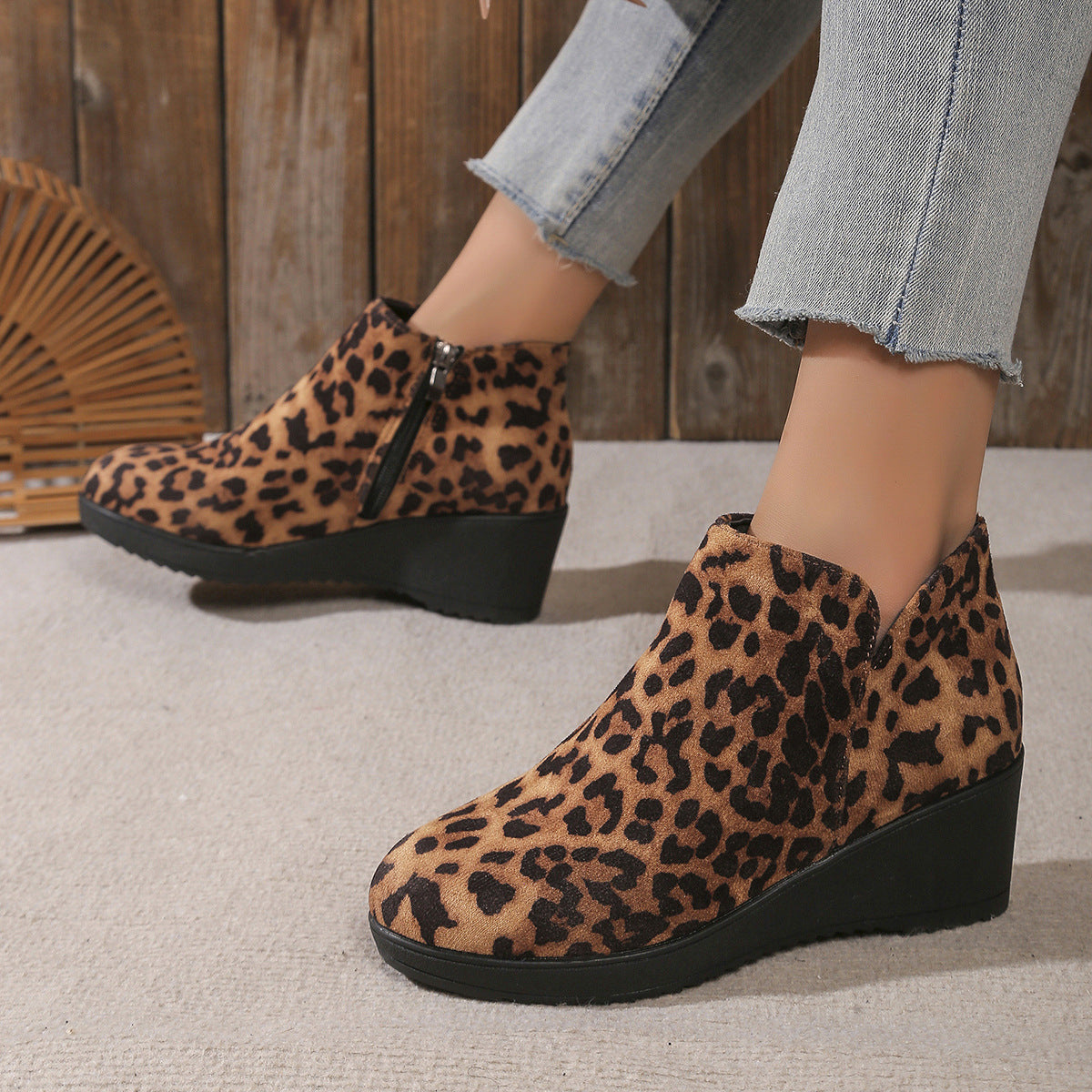 Alaya | Suede-look wedge boots with leopard flair