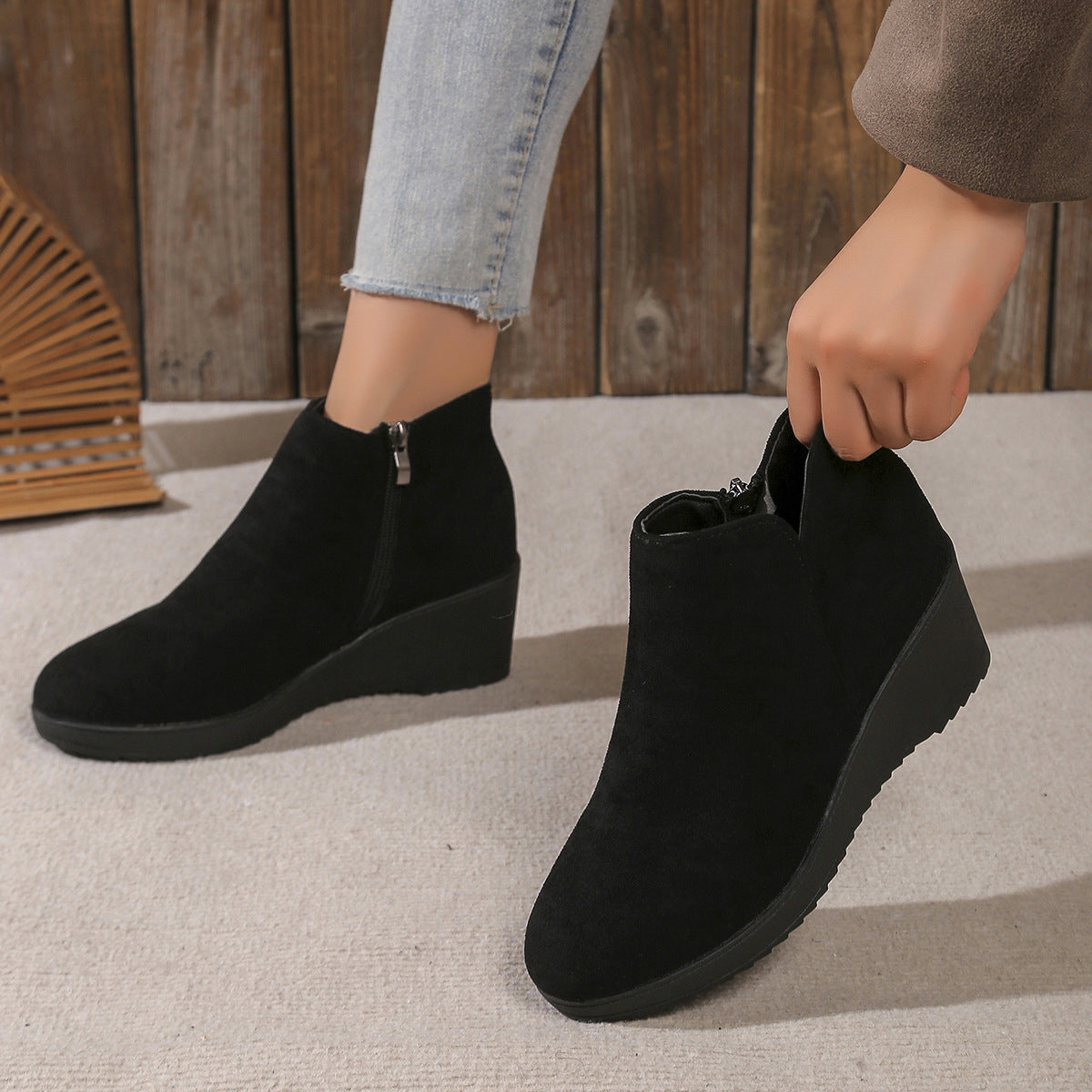 Alaya | Suede-look wedge boots with leopard flair
