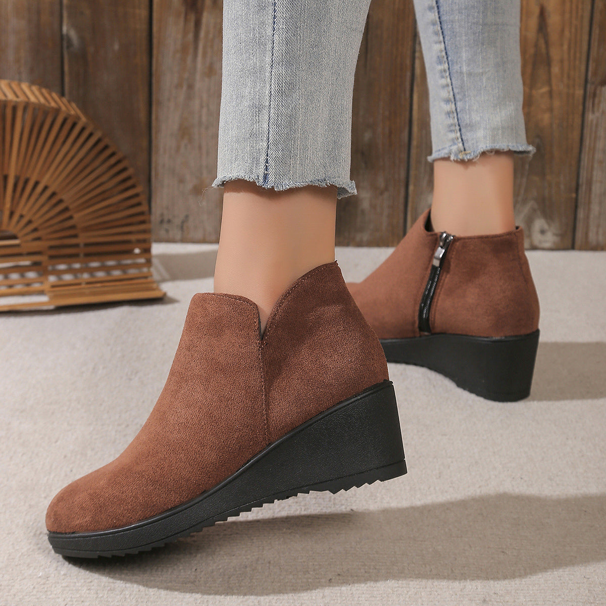 Alaya | Suede-look wedge boots with leopard flair