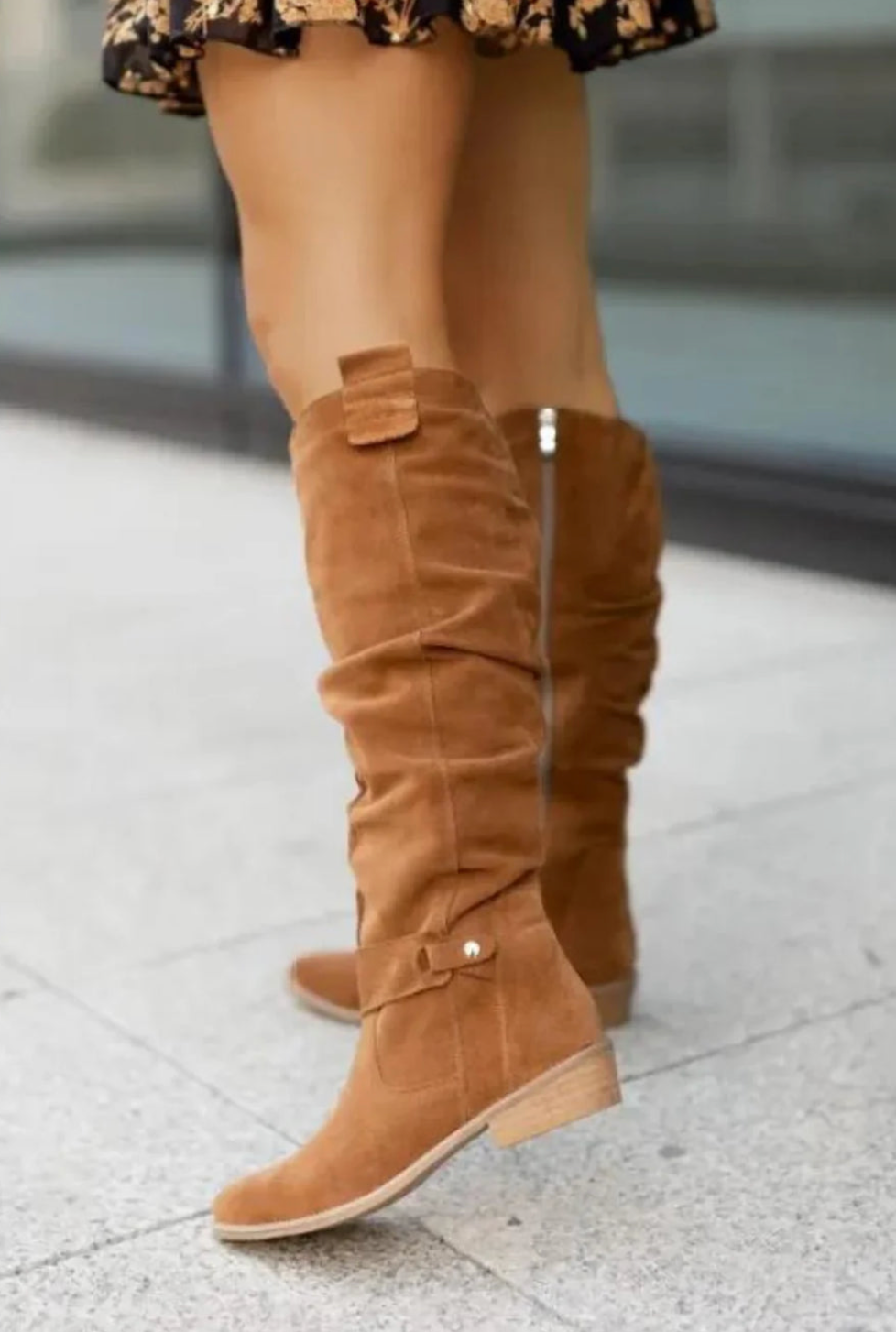 Layla | Women’s suede knee-high boots with ruched shaft and strap detail