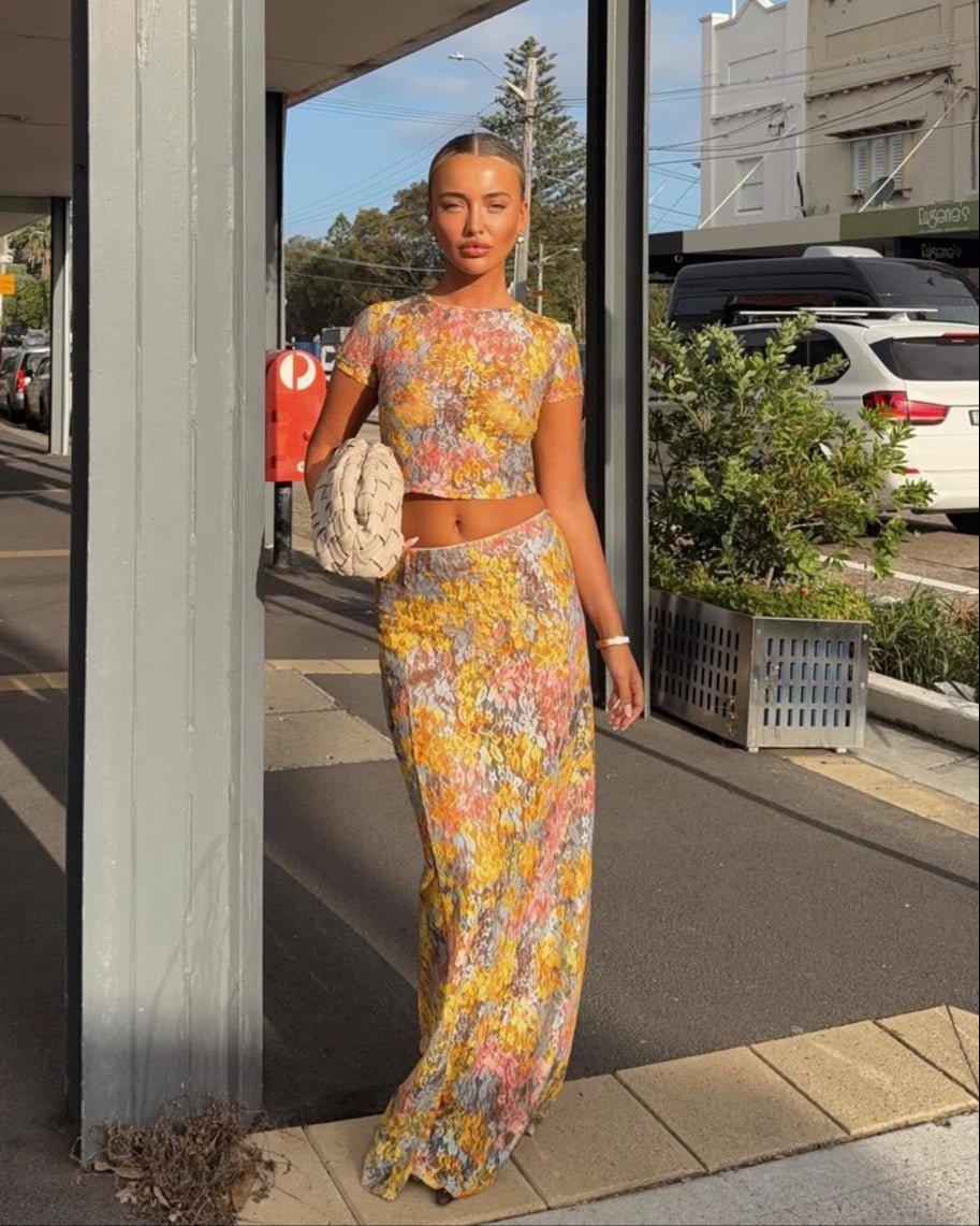 Amara | Women’s floral two piece set with cropped top and skirt