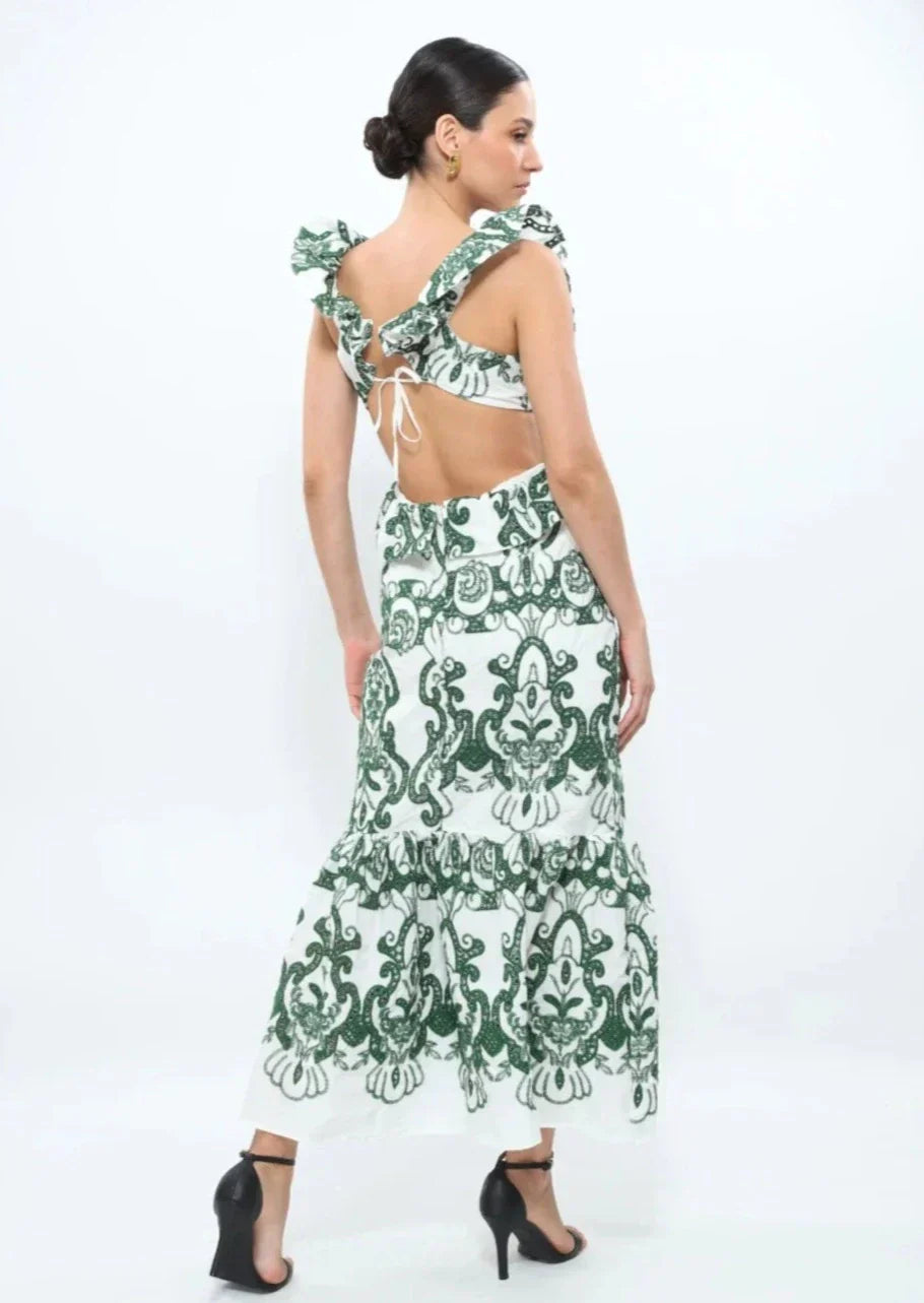 Eden | Women’s ruffled trims maxi dress with open back