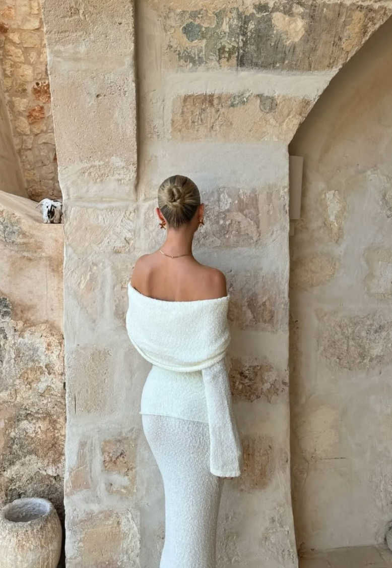 Abigail | Women’s off-shoulder knit set with crop top and long skirt