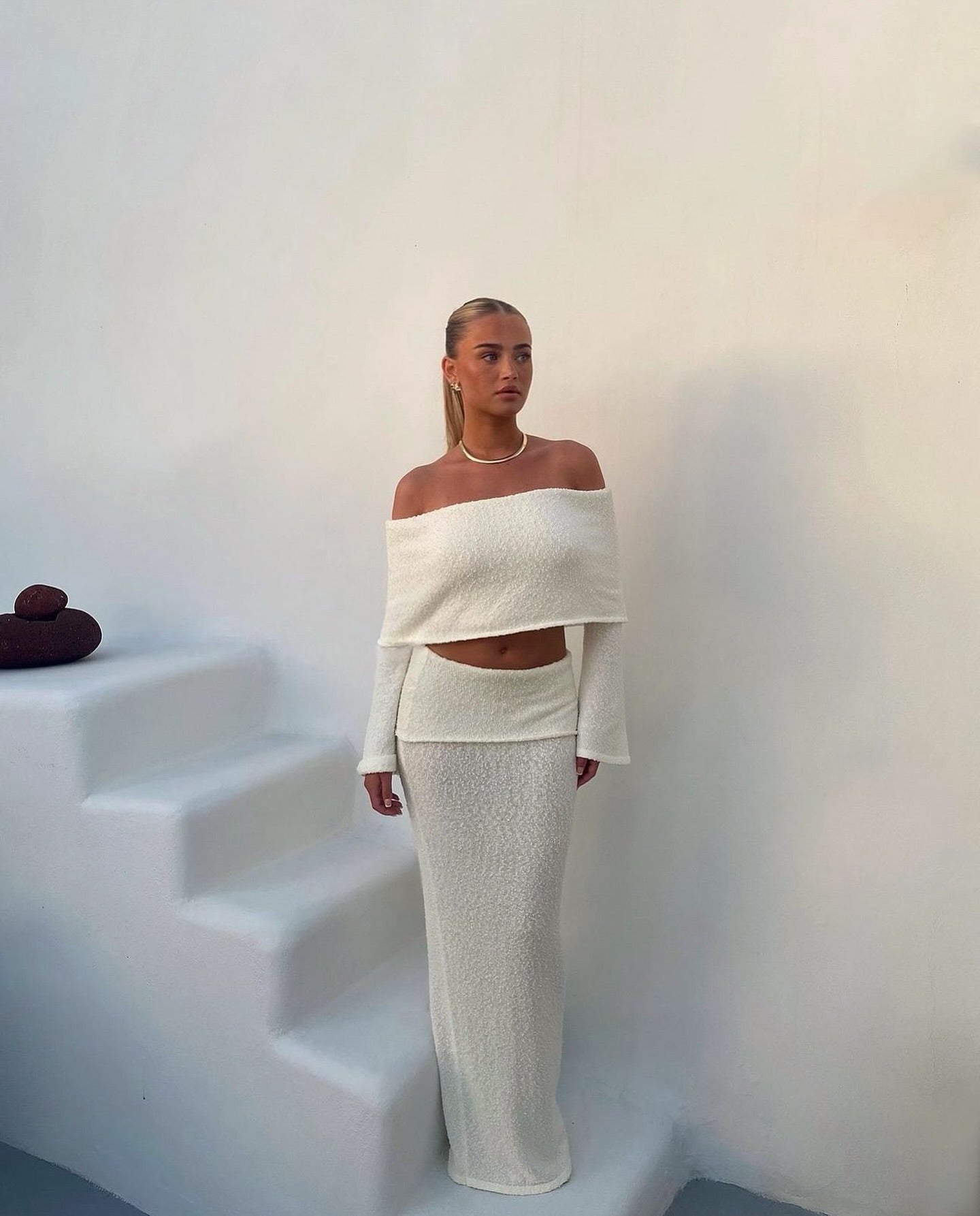 Abigail | Women’s off-shoulder knit set with crop top and long skirt