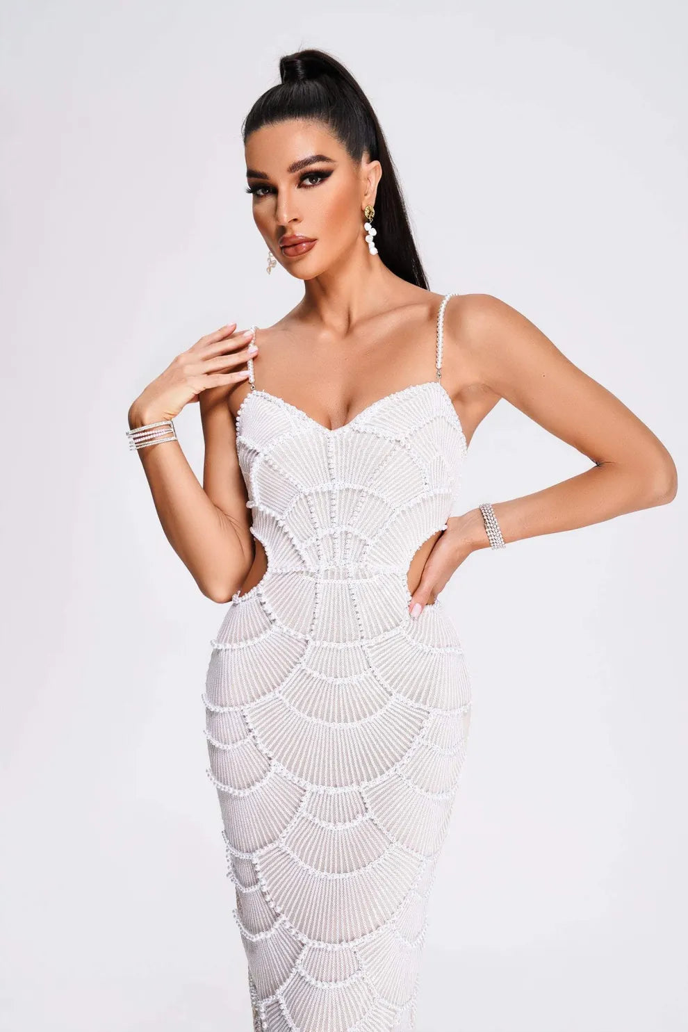 Ryleigh | Women’s midi dress with pearl sequin detail and waist cut-out