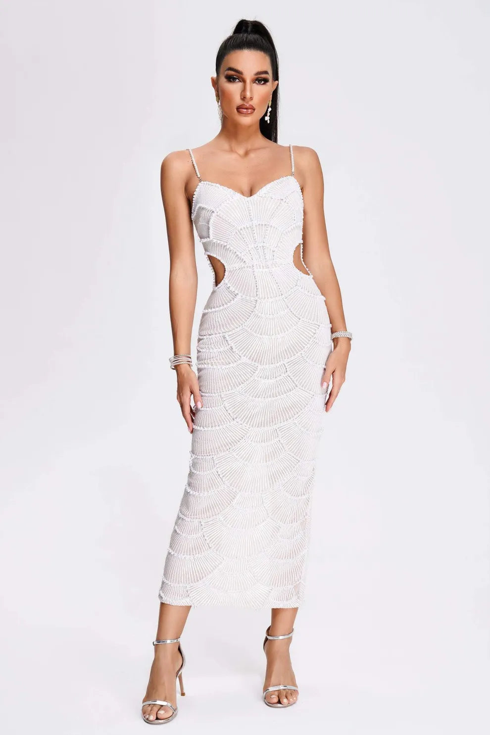 Ryleigh | Women’s midi dress with pearl sequin detail and waist cut-out