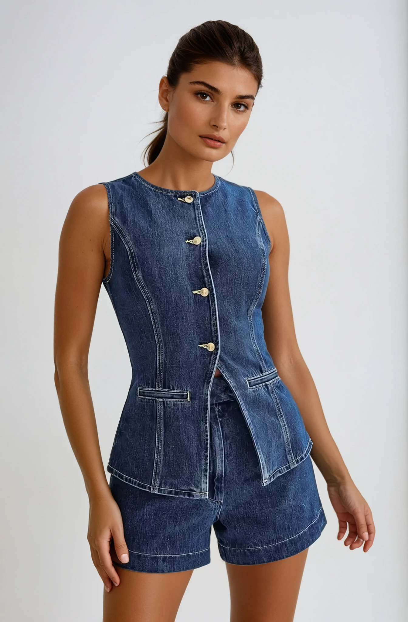 Olivia | Women’s denim set with button-down gilet and shorts