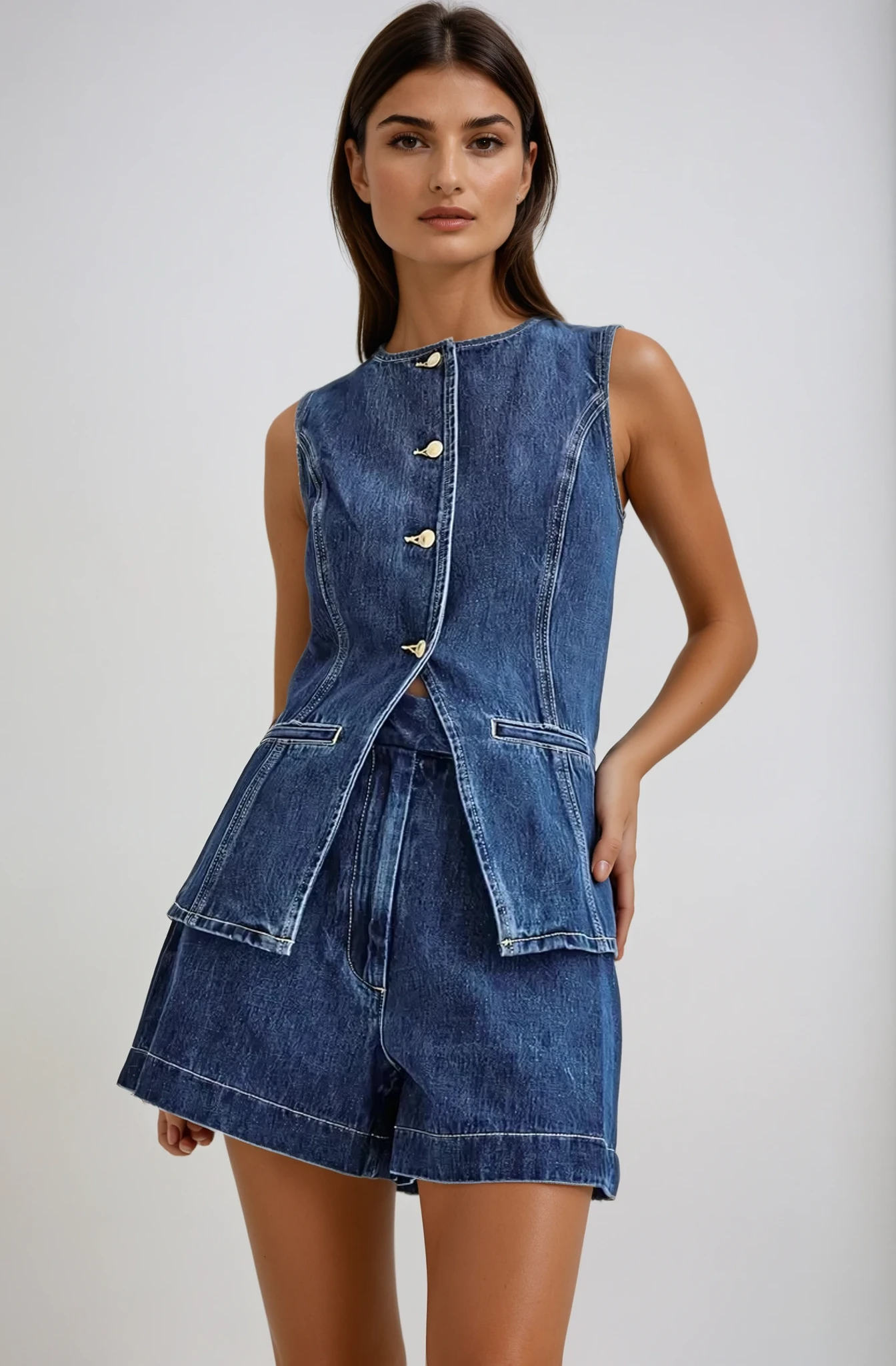 Olivia | Women’s denim set with button-down gilet and shorts