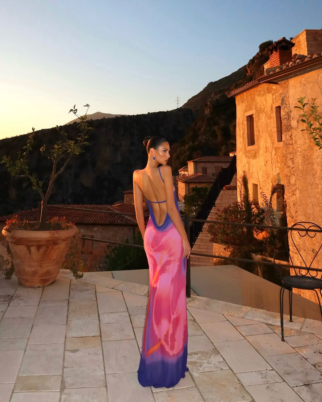 Stella | Women’s printed maxi dress with backless design and asymmetrical neckline