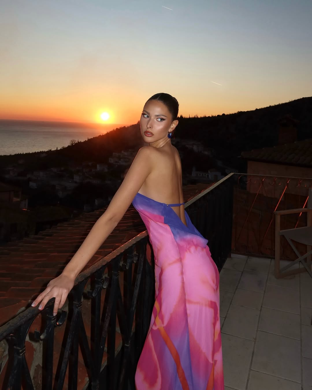 Stella | Women’s printed maxi dress with backless design and asymmetrical neckline