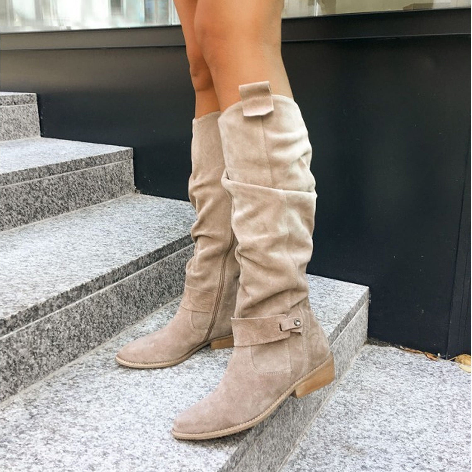 Layla | Women’s suede knee-high boots with ruched shaft and strap detail