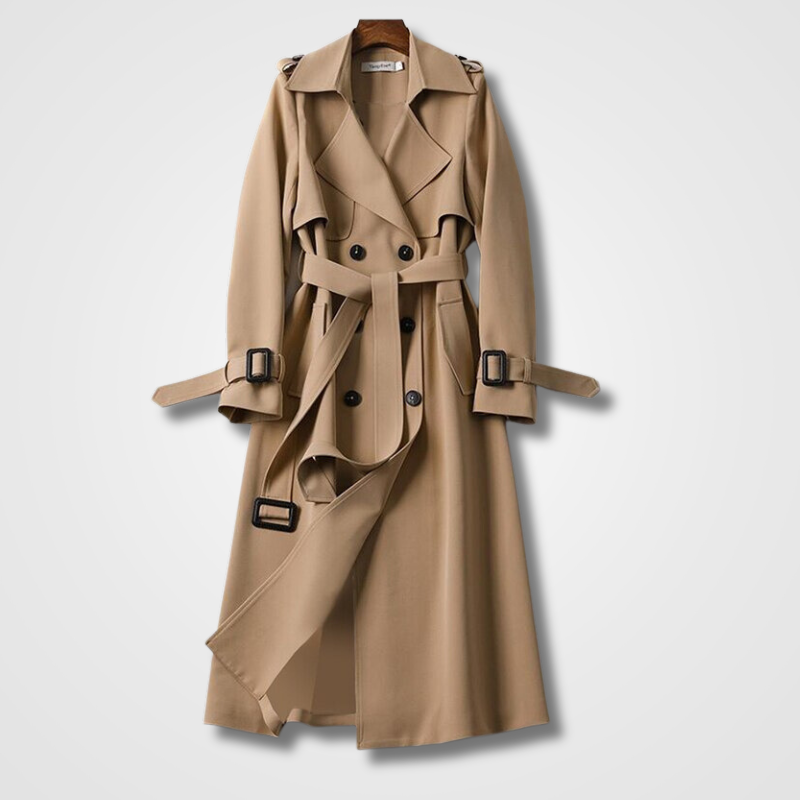 Aurelle | Long belted trench coat with layered front
