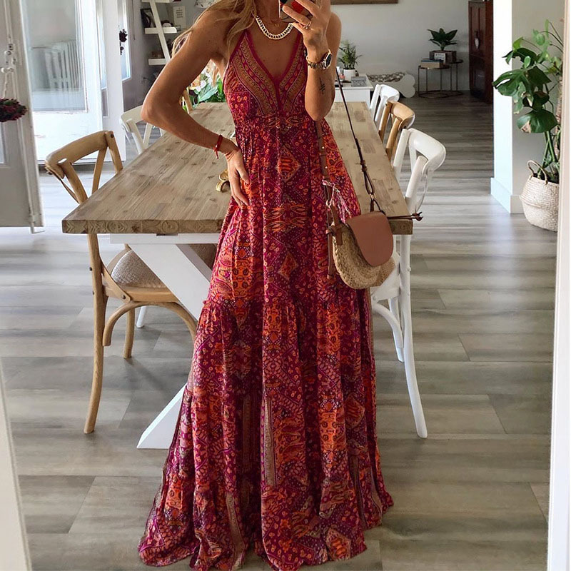 Pamela | Women’s summer maxi dress with thin straps and boho-inspired print