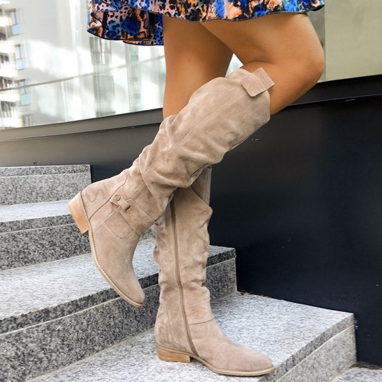 Layla | Women’s suede knee-high boots with ruched shaft and strap detail