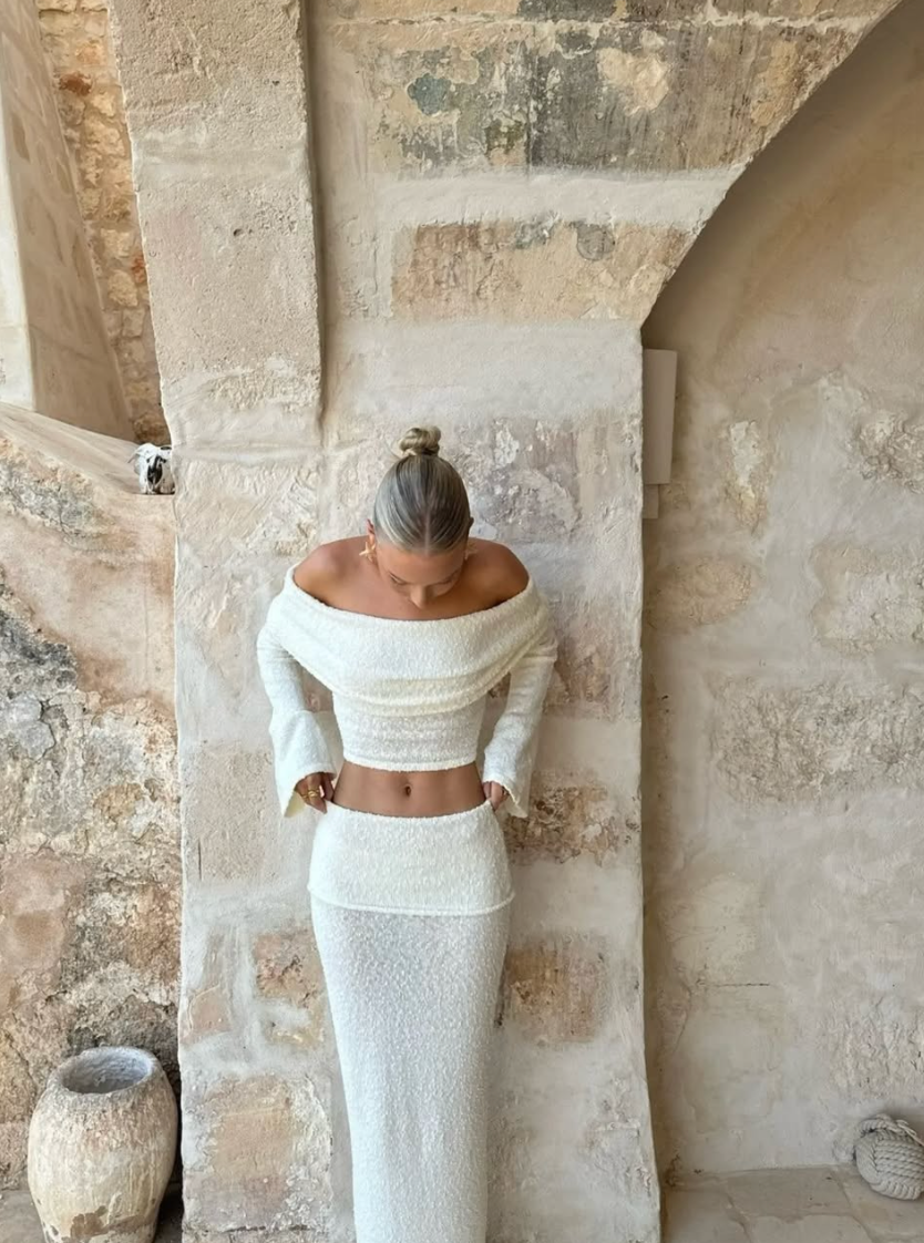 Abigail | Women’s off-shoulder knit set with crop top and long skirt