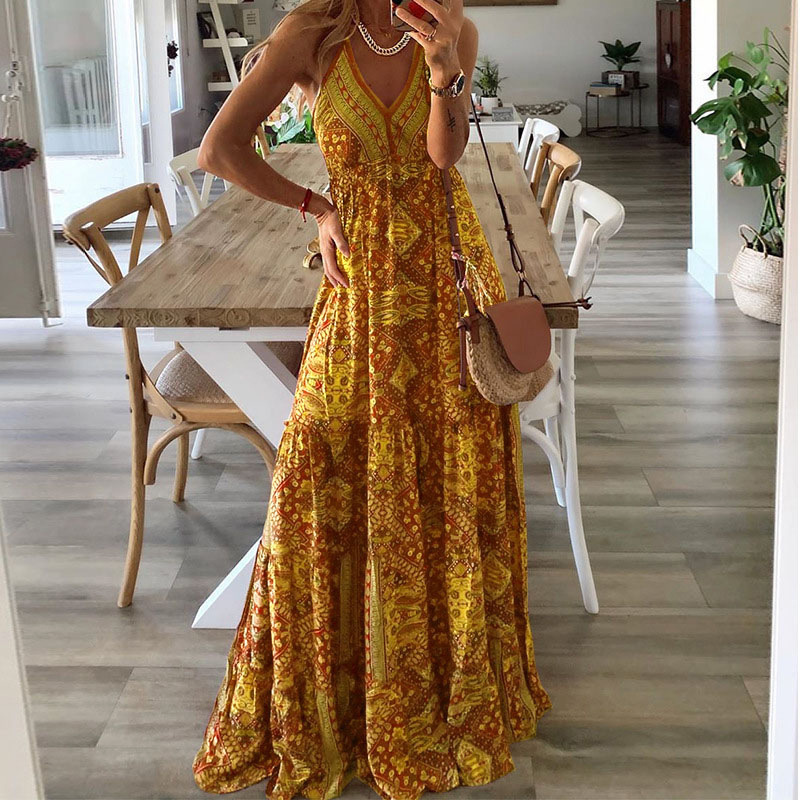 Pamela | Women’s summer maxi dress with thin straps and boho-inspired print